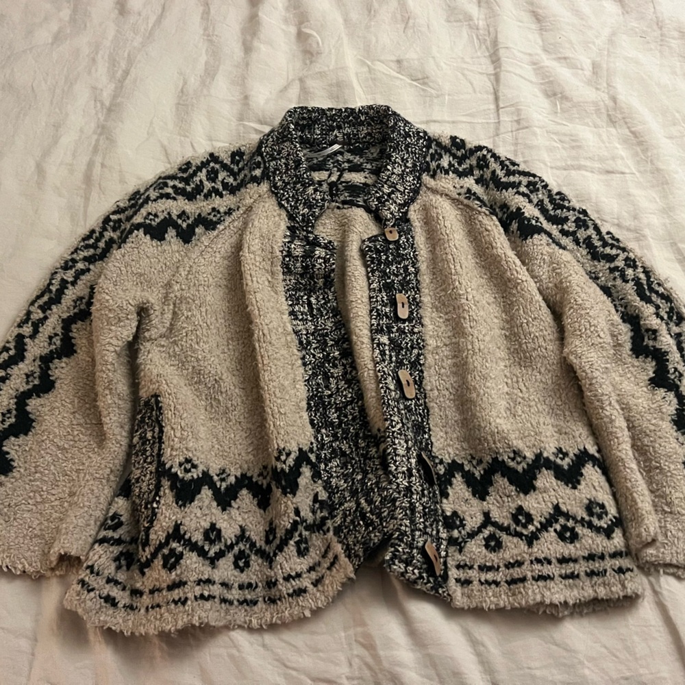 Free People Cream and Black Patterned Cozy Cardigan